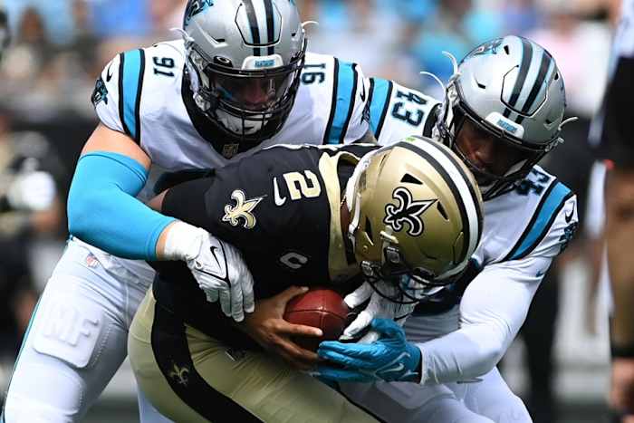 Carolina Panthers defensive end Morgan Fox (91) and linebacker Haason Reddick (43) sack Saints quarterback Jameis Winston (2). Mandatory Credit: Bob Donnan-USA TODAY